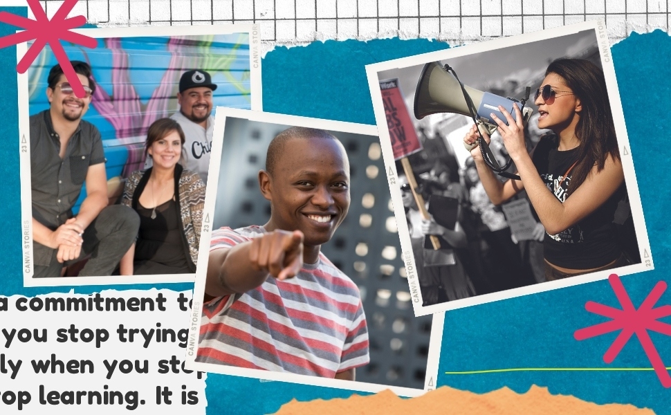 Snapshots of young people--three smiling, one pointing at you, one speaking into a bullhorn