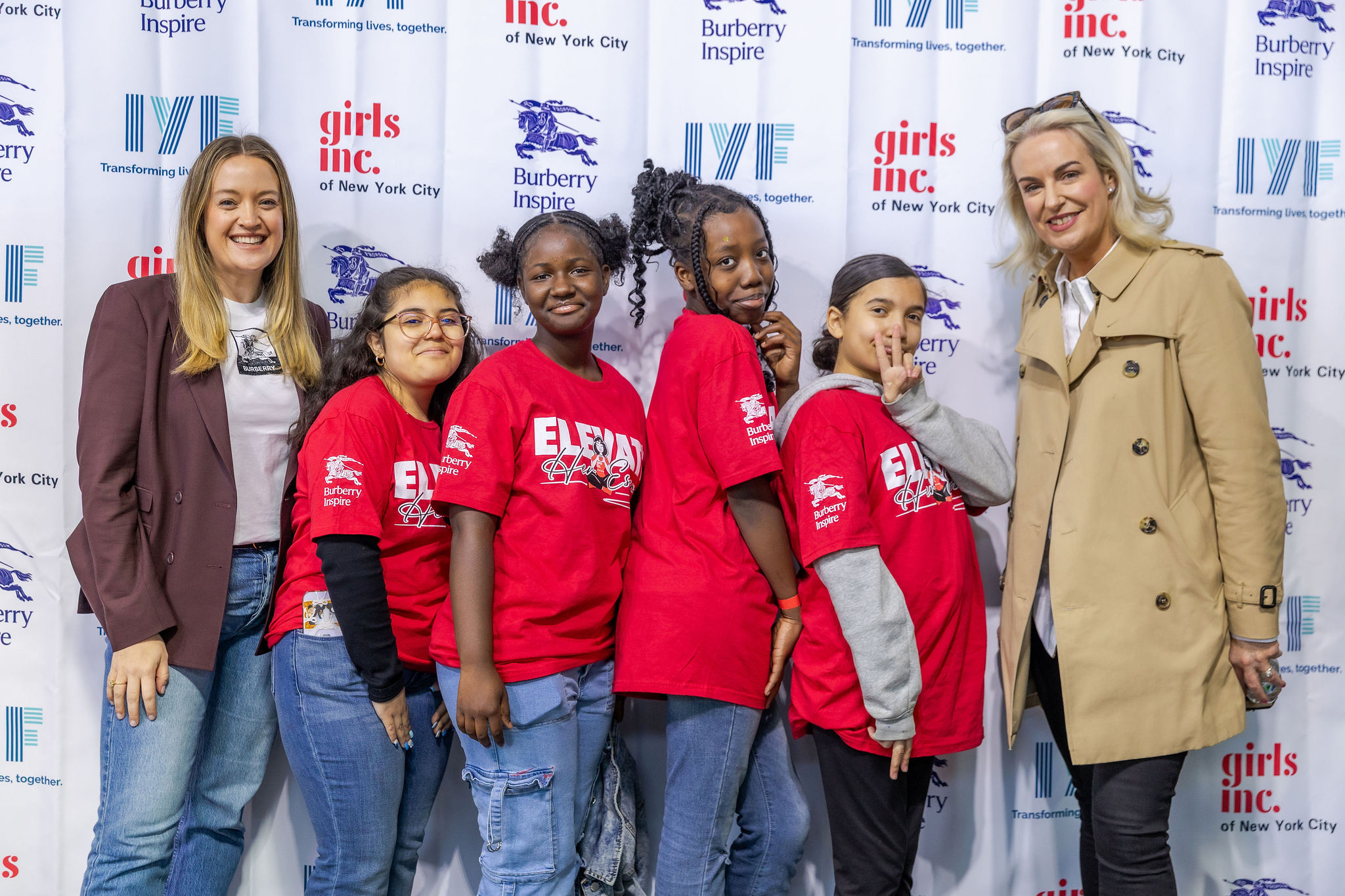 Burberry Inspire partner Girls Inc. of New York City’s 2025 “Elevate Her Essence” Annual Conference. Pictured (L–R): Blair Trader, VP of Marketing & Communications, Americas at Burberry; youth attendees; and Eilish Roche, VP of HR, Americas at Burberry.