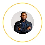 Headshot of young Black man with arms crossed, surrounded by yellow circle. 