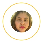 Headshot of young woman wearing red lipstick, surounded by yellow circle.