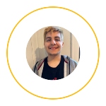 Headshot of young man with short blonde hair, surrounded by yellow circle. 