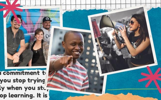 Snapshots of young people--three smiling, one pointing at you, one speaking into a bullhorn