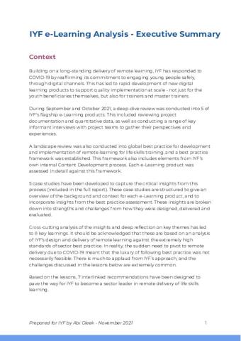 IYF e-Learning Analysis: Executive Summary cover